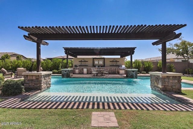 17673 E Bronco Dr, Queen Creek, AZ 85142 - view of pool with a pergola, a patio area, a fenced in pool, and exterior kitchen