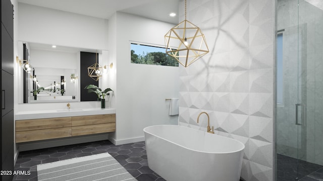 bathroom featuring vanity, a chandelier, separate shower and tub, and tile patterned floors