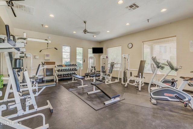 exercise room with visible vents, recessed lighting, and ceiling fan