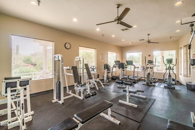 gym with recessed lighting, visible vents, baseboards, and ceiling fan