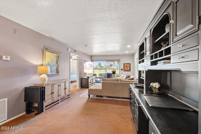 interior space with a textured ceiling and carpet