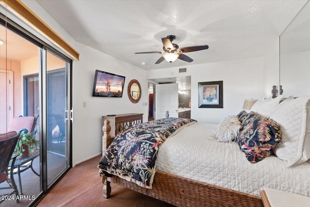 carpeted bedroom featuring access to exterior and ceiling fan