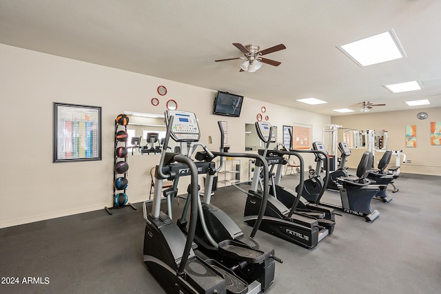 exercise room with ceiling fan