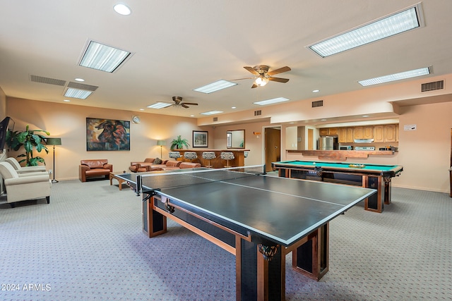 game room featuring carpet, pool table, and ceiling fan