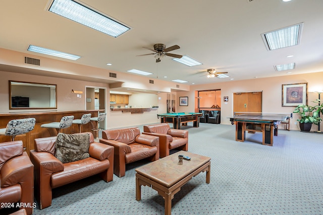 rec room featuring light colored carpet, billiards, and ceiling fan