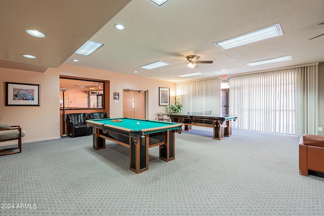 rec room with pool table, carpet, and ceiling fan