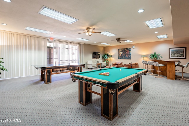 playroom featuring ceiling fan, billiards, bar area, and carpet floors