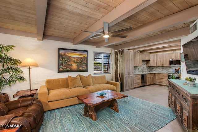 living room featuring beam ceiling, a ceiling fan, and wooden ceiling
