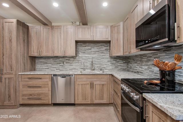 kitchen featuring stainless steel appliances, a sink, beam ceiling, tasteful backsplash, and light stone countertops