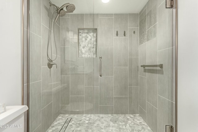 bathroom with a stall shower and toilet