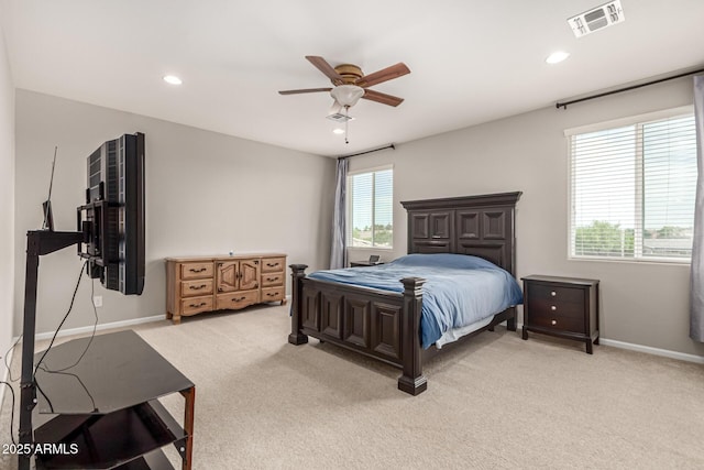 14727 W Pasadena Ave, Litchfield Park, AZ 85340 - bedroom featuring multiple windows, light colored carpet, baseboards, recessed lighting, and ceiling fan