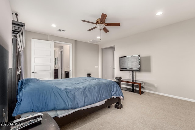 14727 W Pasadena Ave, Litchfield Park, AZ 85340 - bedroom with carpet, recessed lighting, baseboards, ensuite bath, and a ceiling fan