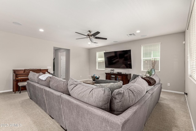 14727 W Pasadena Ave, Litchfield Park, AZ 85340 - living area with light carpet, baseboards, recessed lighting, and ceiling fan
