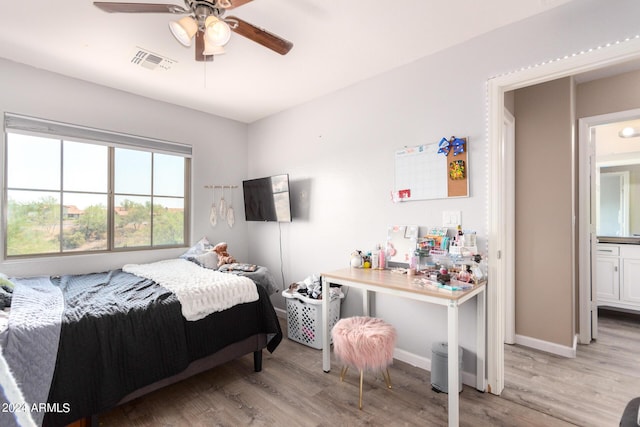 bedroom featuring ceiling fan and light wood-type flooring