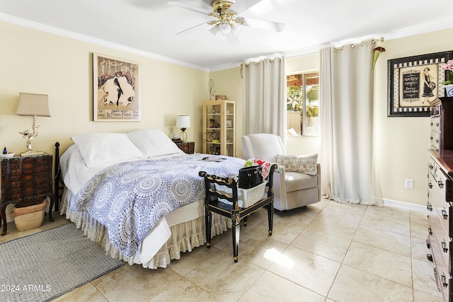 bedroom featuring ceiling fan, ornamental molding, and light tile patterned flooring