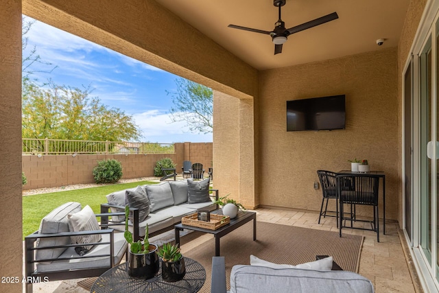 1951 W Plum Rd, Phoenix, AZ 85085 - fenced backyard with outdoor lounge area, a patio, and a ceiling fan