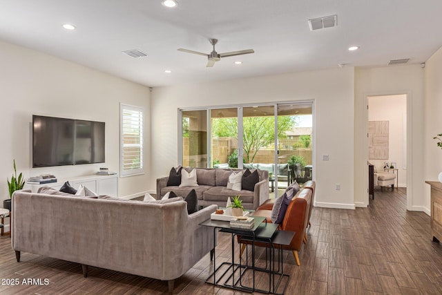1951 W Plum Rd, Phoenix, AZ 85085 - living room featuring dark wood finished floors, ceiling fan, recessed lighting, and baseboards