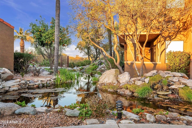 view of yard featuring a small pond