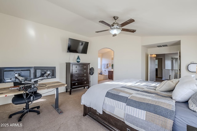 bedroom with carpet floors, ceiling fan, and vaulted ceiling