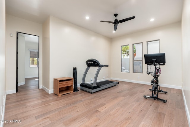 28768 N 95th Way, Scottsdale, AZ 85262 - workout room featuring a ceiling fan, wood finished floors, and recessed lighting
