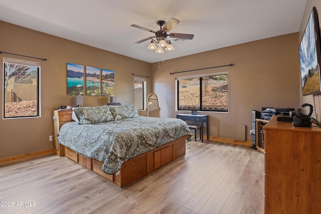 bedroom with a ceiling fan, baseboards, and light wood finished floors