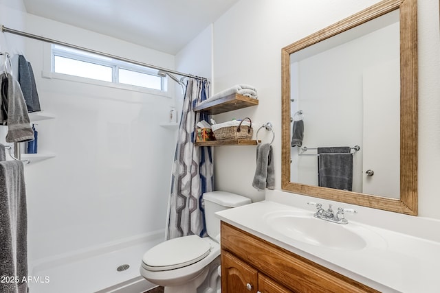 bathroom with vanity, toilet, and a shower with shower curtain