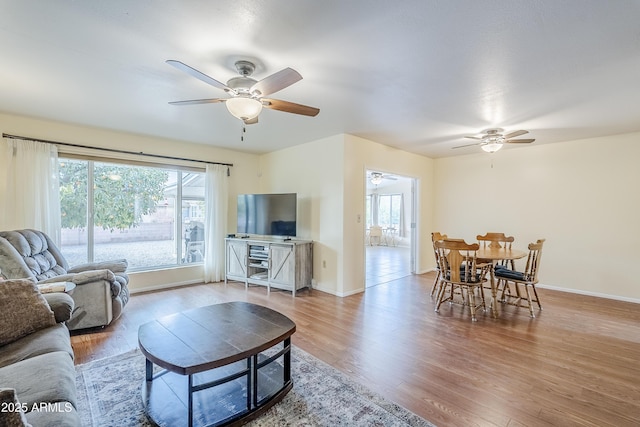 living room featuring ceiling fan and light hardwood / wood-style flooring