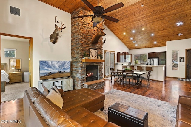 living room with wood ceiling, wood-type flooring, and high vaulted ceiling