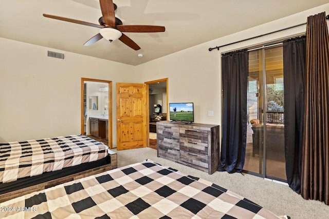 bedroom with access to outside, light colored carpet, and ceiling fan