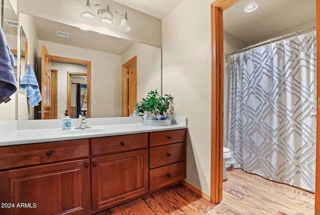 bathroom with vanity, wood-type flooring, and toilet