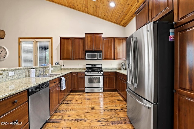 kitchen featuring sink, light hardwood / wood-style flooring, wooden ceiling, appliances with stainless steel finishes, and light stone countertops