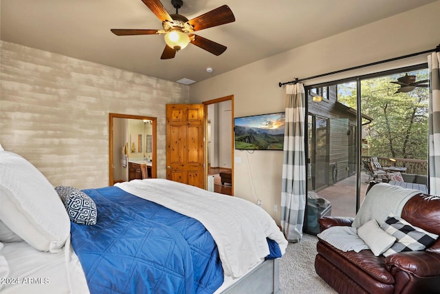 bedroom with access to exterior, ensuite bath, ceiling fan, and carpet flooring