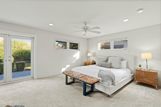 carpeted bedroom with access to outside and ceiling fan