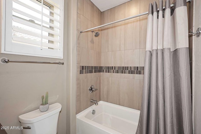 full bathroom with toilet and shower / bath combination with curtain