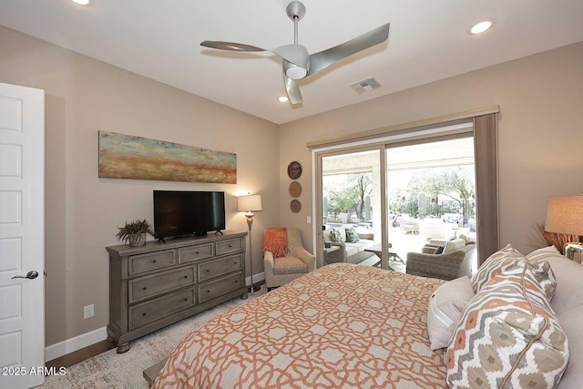 bedroom featuring visible vents, access to outside, recessed lighting, baseboards, and ceiling fan