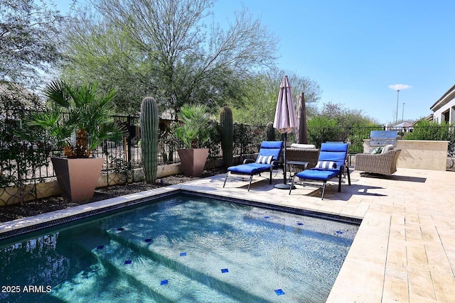 view of swimming pool with a fenced in pool, a patio, area for grilling, and fence