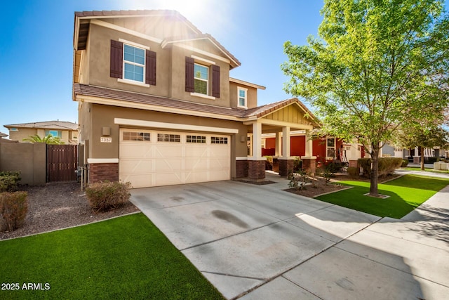 craftsman-style house with a garage and a front lawn