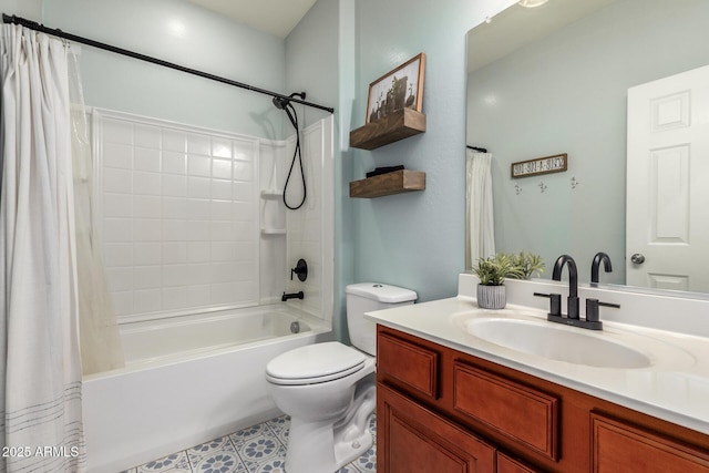 full bathroom with vanity, toilet, and shower / bath combo with shower curtain