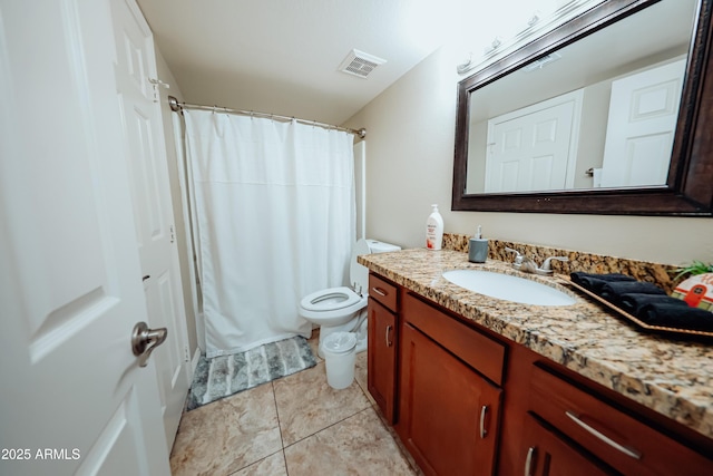 full bath with vanity, visible vents, curtained shower, tile patterned floors, and toilet