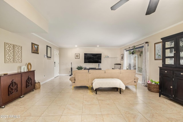 bedroom featuring ornamental molding, light tile patterned floors, and ceiling fan