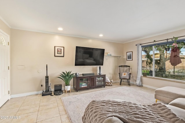 tiled living room with crown molding