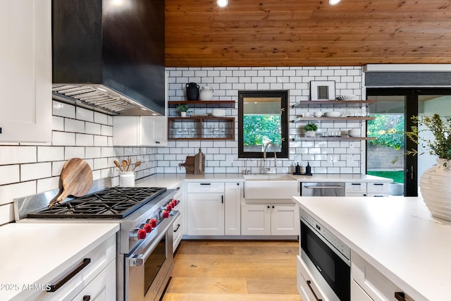 kitchen with sink, light hardwood / wood-style flooring, appliances with stainless steel finishes, custom range hood, and white cabinets