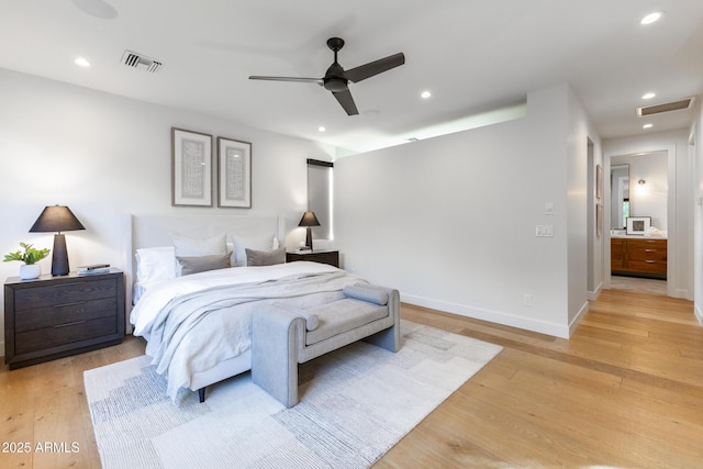 bedroom featuring ceiling fan and light hardwood / wood-style floors