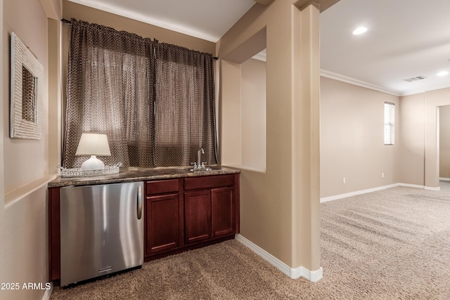 bar featuring sink, carpet, fridge, and ornamental molding