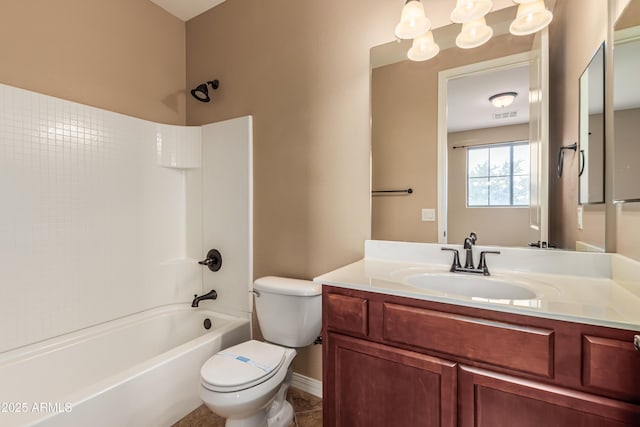 full bathroom featuring vanity, toilet, and shower / washtub combination