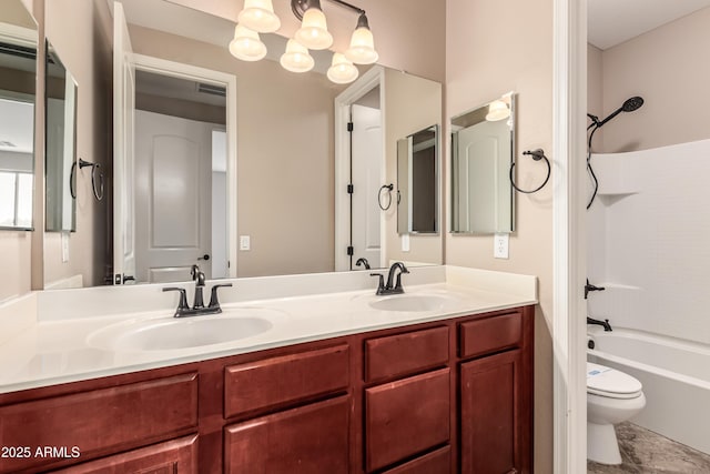 full bathroom with vanity,  shower combination, toilet, and an inviting chandelier