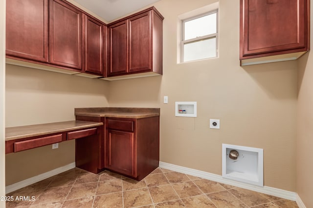 laundry room with hookup for an electric dryer, washer hookup, and cabinets