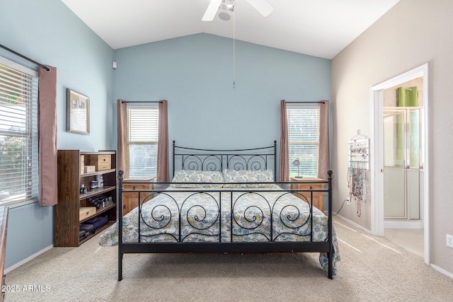 bedroom with carpet flooring, a ceiling fan, baseboards, and lofted ceiling