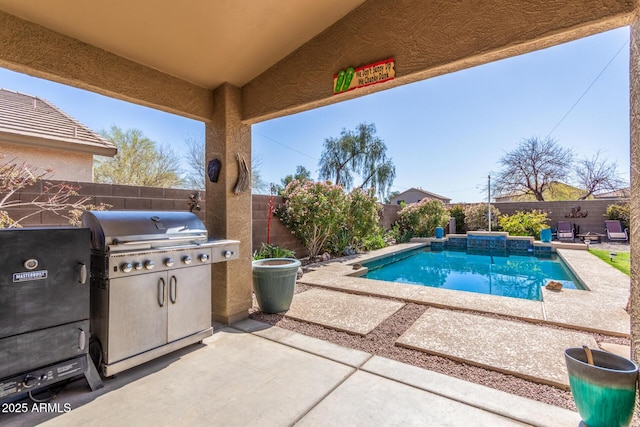 view of swimming pool featuring a fenced backyard, grilling area, a patio, and a fenced in pool