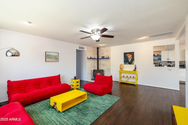 3465 N Jamison Blvd Unit 05, Flagstaff, AZ 86004 - living room featuring a wood stove, wood finished floors, and ceiling fan